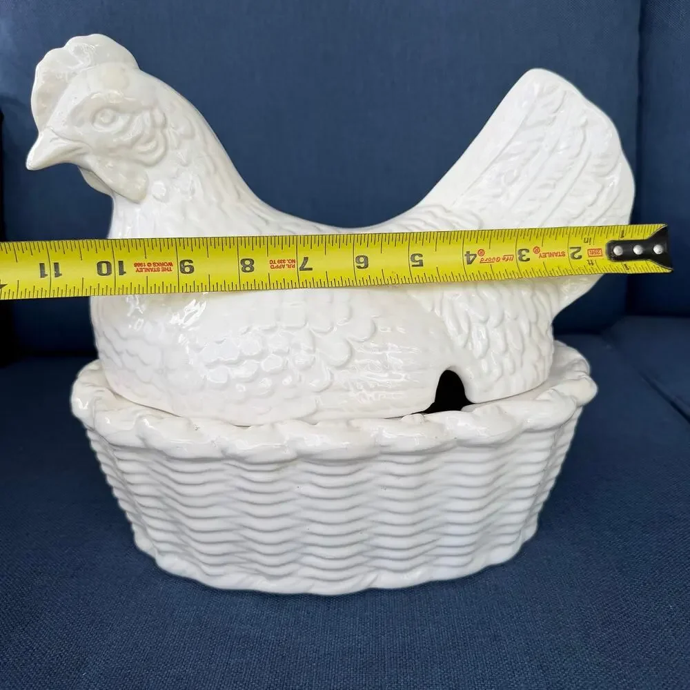 Hen On Nest Soup Tureen Pier 1 Ceramic White Chicken in Basket Serving FLAWED